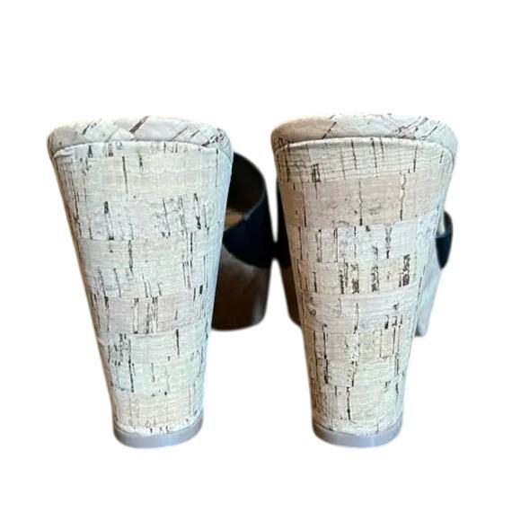 Neiman Marcus Black Suede Cork-Heeled Platform Sandals- SIZE 8M - Picture 4 of 11